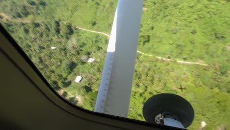 vista aérea de la costa desde la ventana de un pequeño avión ligero, fértiles tierras de cultivo tropicales carretera vehículo propiedad residencial isla grande papúa nueva guinea