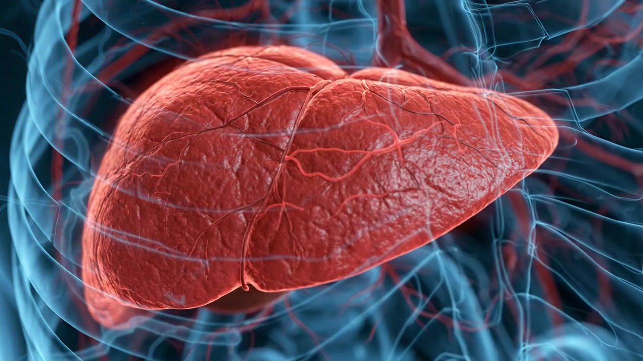 Detailed human liver anatomy visualization with surrounding blood vessels