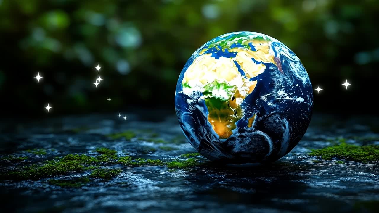 Globe on moss at night. A globe depicting Earth sits on a mossy surface, illuminated by soft light with a sparkling background at night.