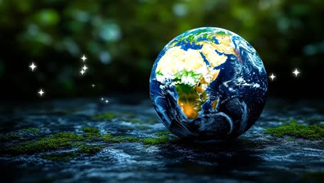 globe on moss at night. a globe depicting earth sits on a mossy surface, illuminated by soft light with a sparkling background at night.