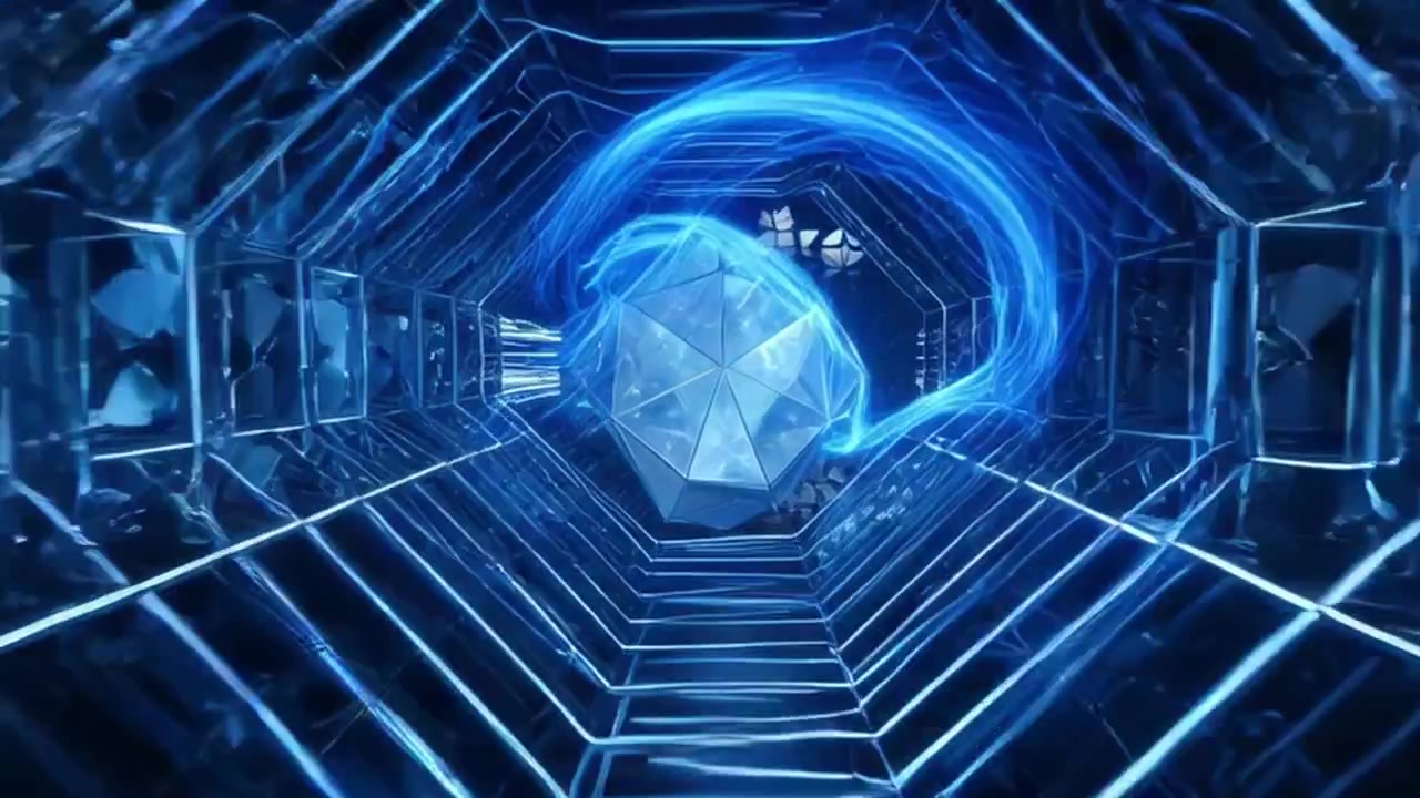 Abstract 3D Animation of Glowing Blue Geometric Tunnel and Rotating Crystal