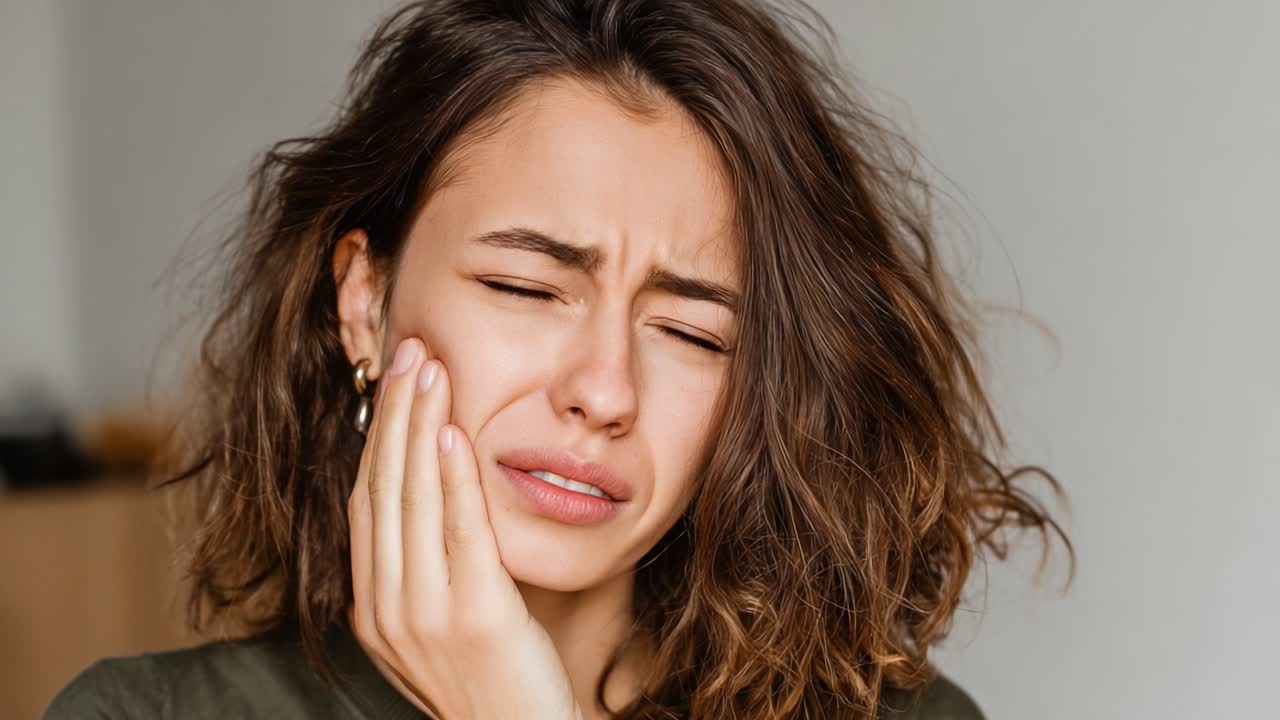 A Young Woman Expressing Discomfort and Pain in Her Jaw, Struggling with Toothache Symptoms While Displaying Emotional Distress, Highlighting Oral Health Issues