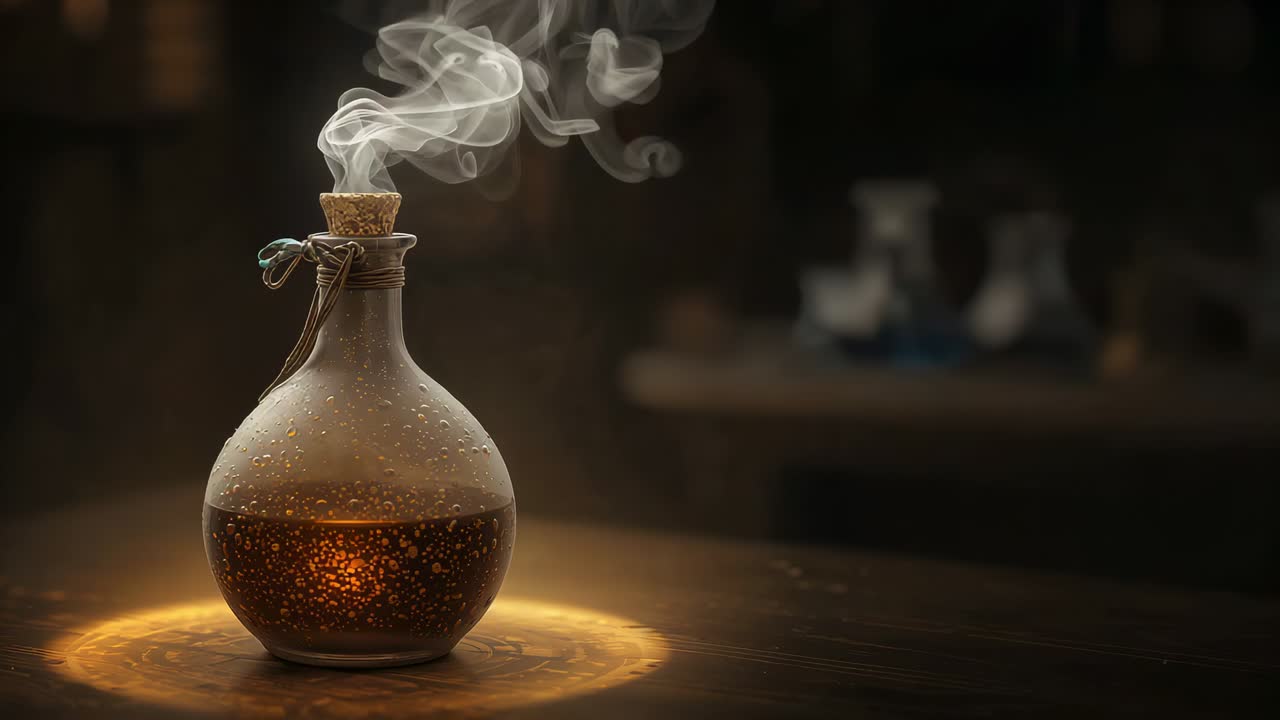 Flask emitting smoke plume from cork stopper, releasing amber vapor in alchemy lab due to reaction