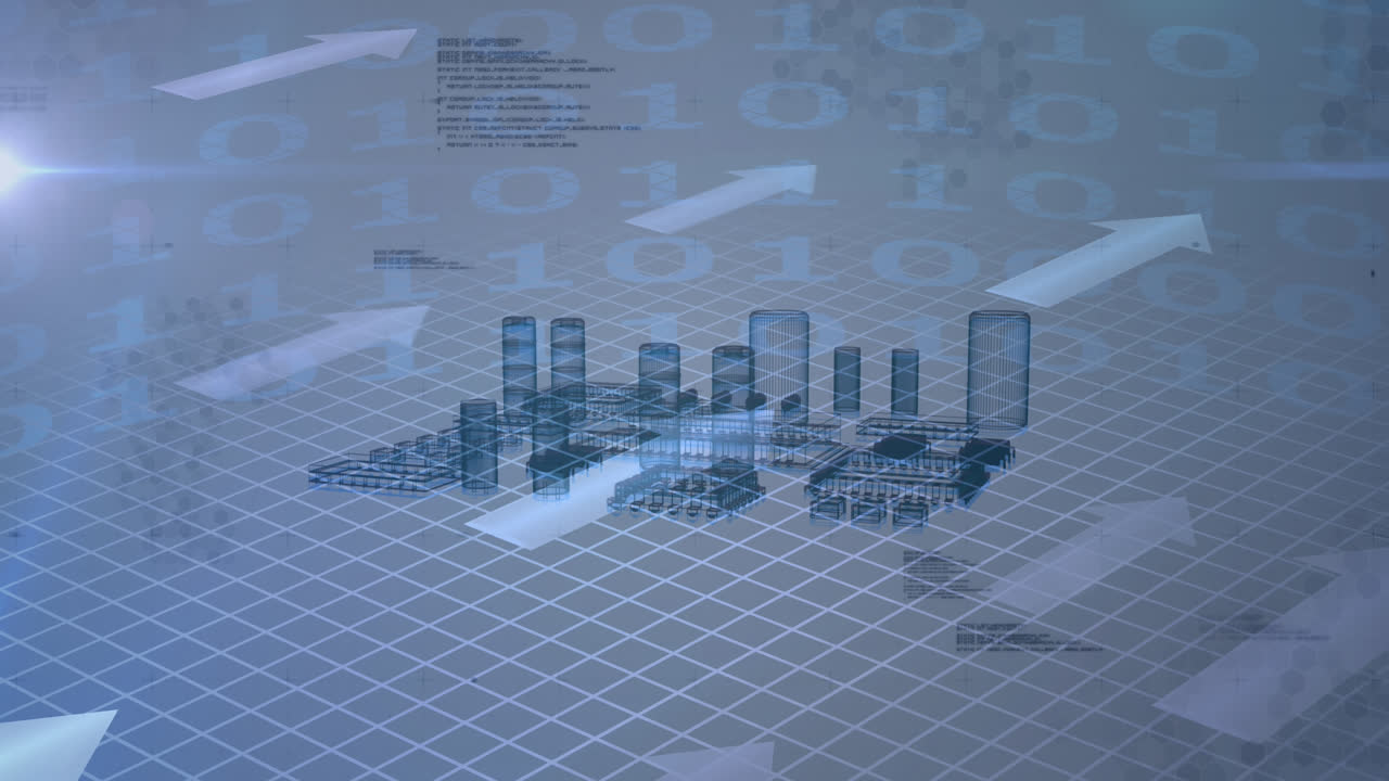 Animation of 6g text, computer processor spinning, arrows and binary coding