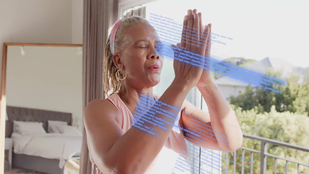 Senior woman by door sun starting raising arms prayer boosting health with blue overlay crossing