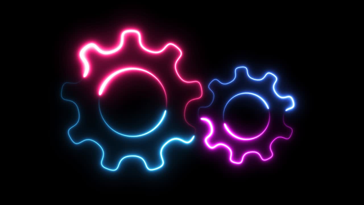 dos engranajes de neón girando animación en fondo negro. girando ruedas dentadas video.