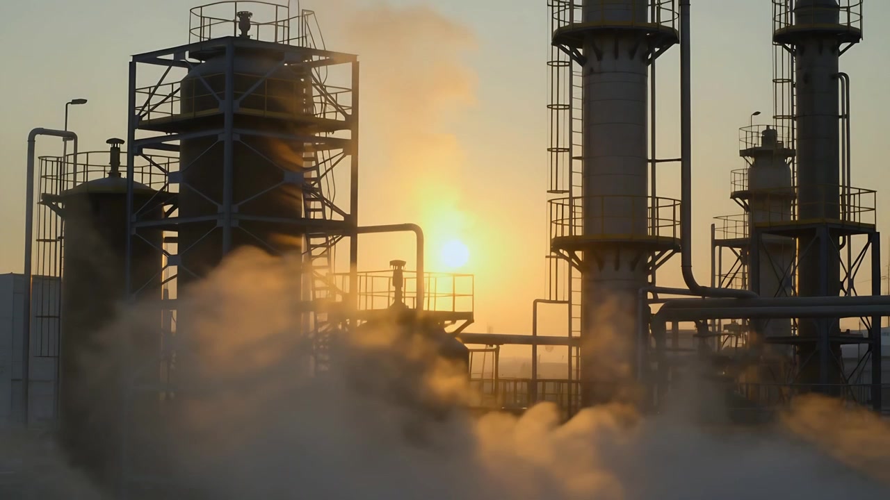 Rising sun piercing low steam, revealing metal columns, vessels, scaffolding and piping at plant