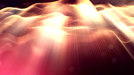 animación de bucle 3d como fondo de ciencia ficción de partículas brillantes con profundidad de campo y bokeh para bucle vj. las partículas forman línea y cuadrícula de superficie. v27 oro rojo con rayos de luz