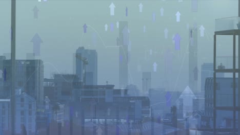 animation of arrow moving upwards and statistical data processing against aerial view of cityscape