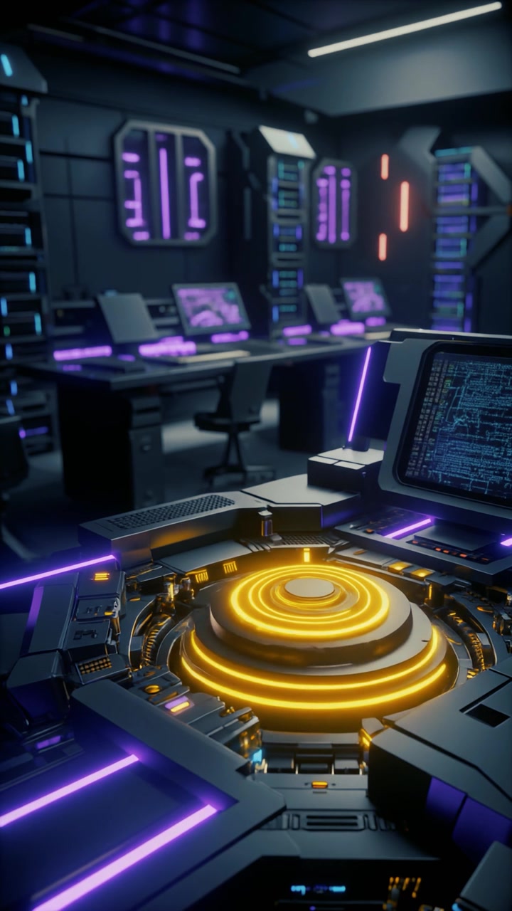 Futuristic Cyber Security Command Center with Glowing Data Interface
