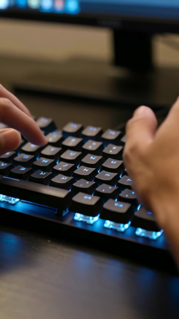 Video verticale: Mani che digitano si muovono in posizione, premendo tasti meccanici RGB per lavorare alla scrivania.