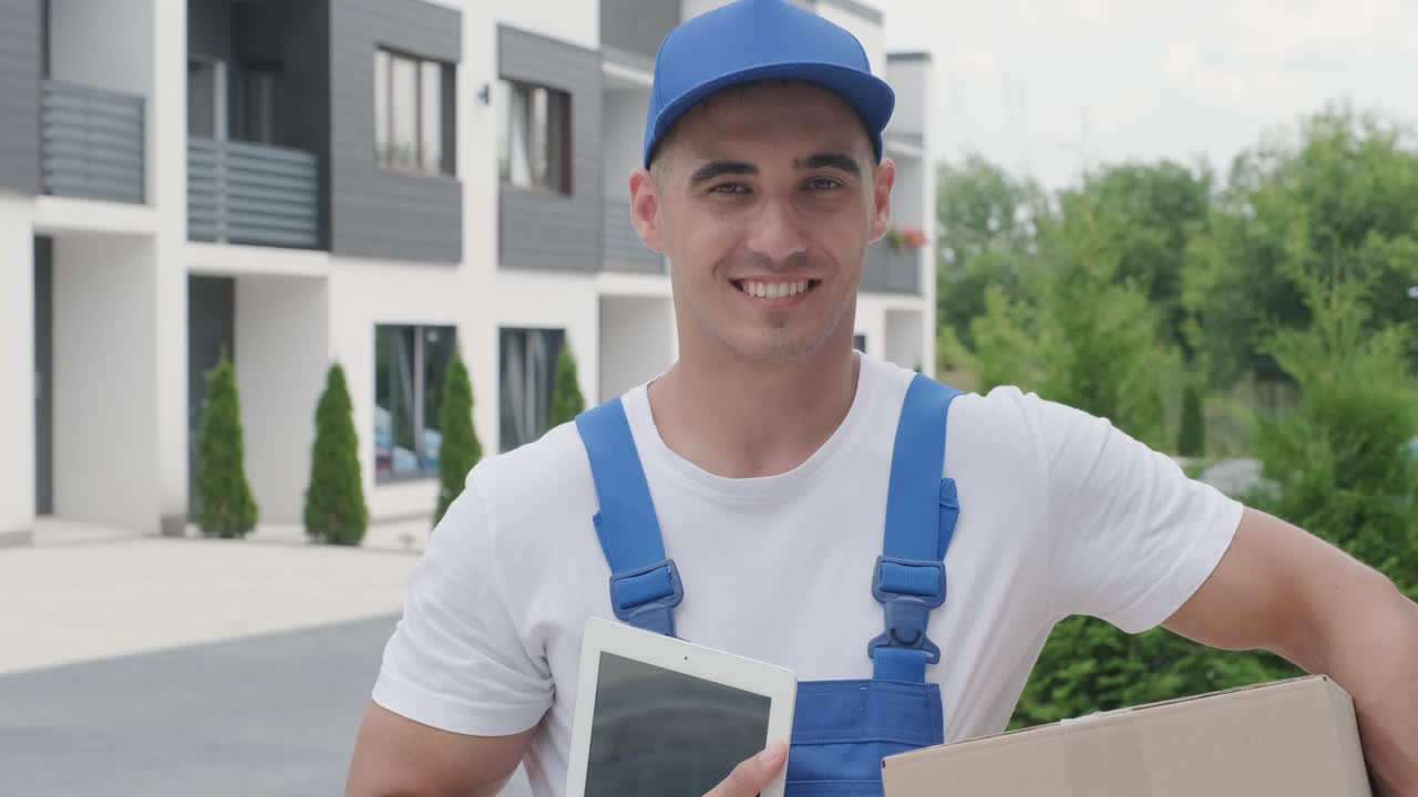 retrato de un joven cartero que está entregando un paquete directamente a la casa de un cliente. concepto de mensajero, entrega a domicilio, envío de comercio electrónico, compras en línea