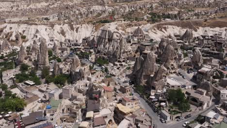 aerial overview of cappadocia, showcasing expansive valleys with homes and dwellings and ancient rock formations under a clear, sunny sky