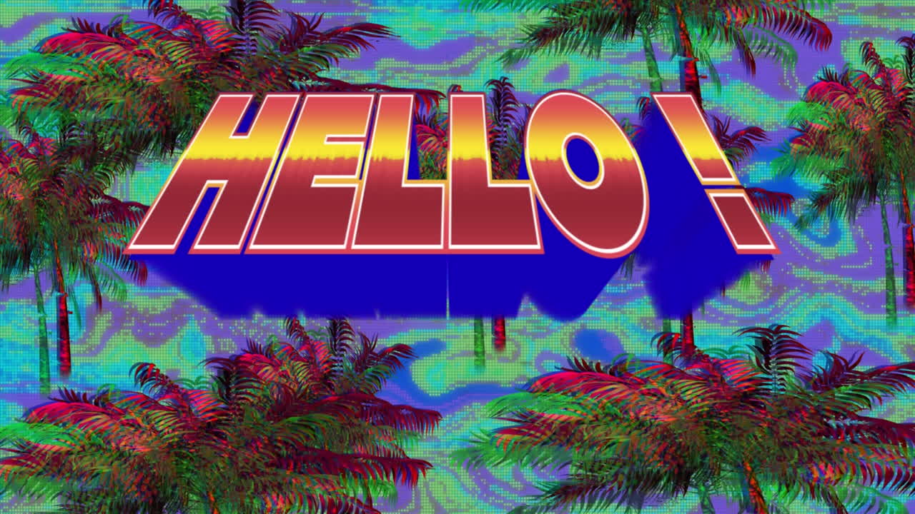 Animation of palm trees and hello text over blue background