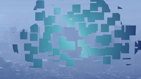 animación de formas cuadradas que forman un icono de nube contra una vista aérea del paisaje urbano