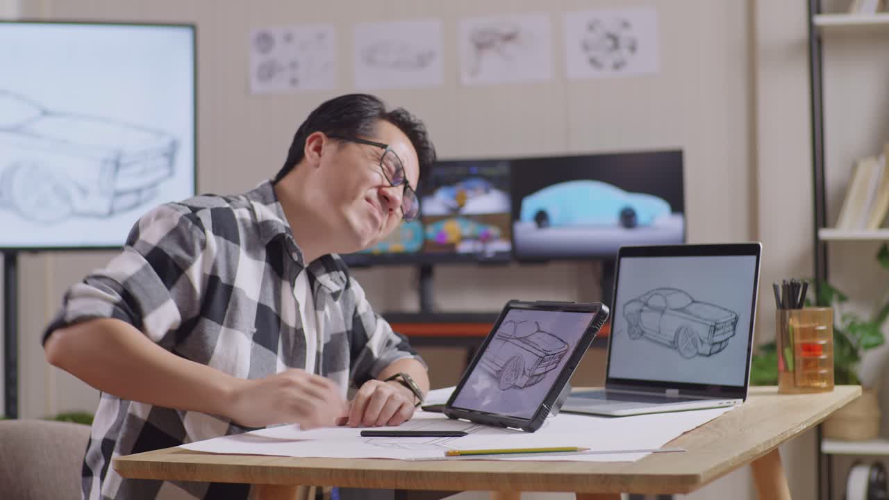 Side View Of Asian Male Having A Backache While Drawing New Car Design Concept On A Tablet In The Studio With Tv And Computers Display 3D Electric Car Model