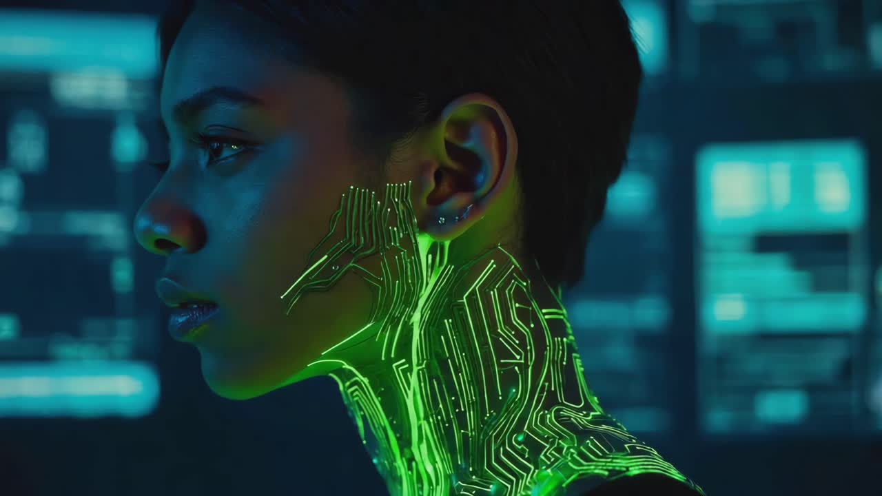 Donna Cyborg Futuristica con Circuiti Luminosi