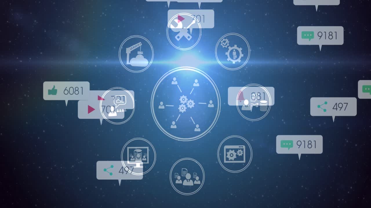 Animation of network of social media icons and numbers