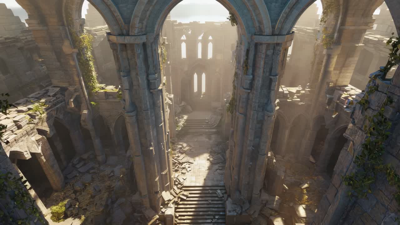 Sunlight casting dramatic shadows across crumbling gothic cathedral ruins, revealing weathered stone arches, columns, and stairs gradually consumed by wild, encroaching vegetation
