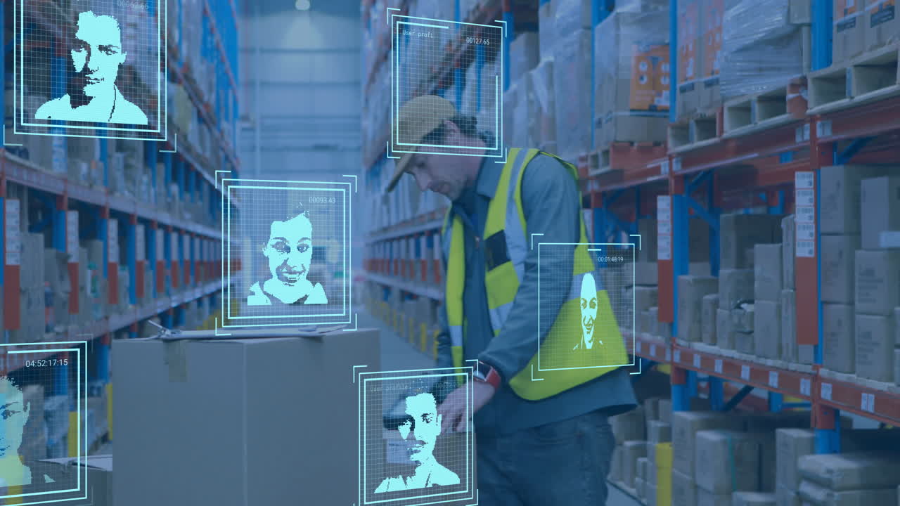 animación de reconocimiento facial sobre un trabajador del almacén que maneja una caja grande