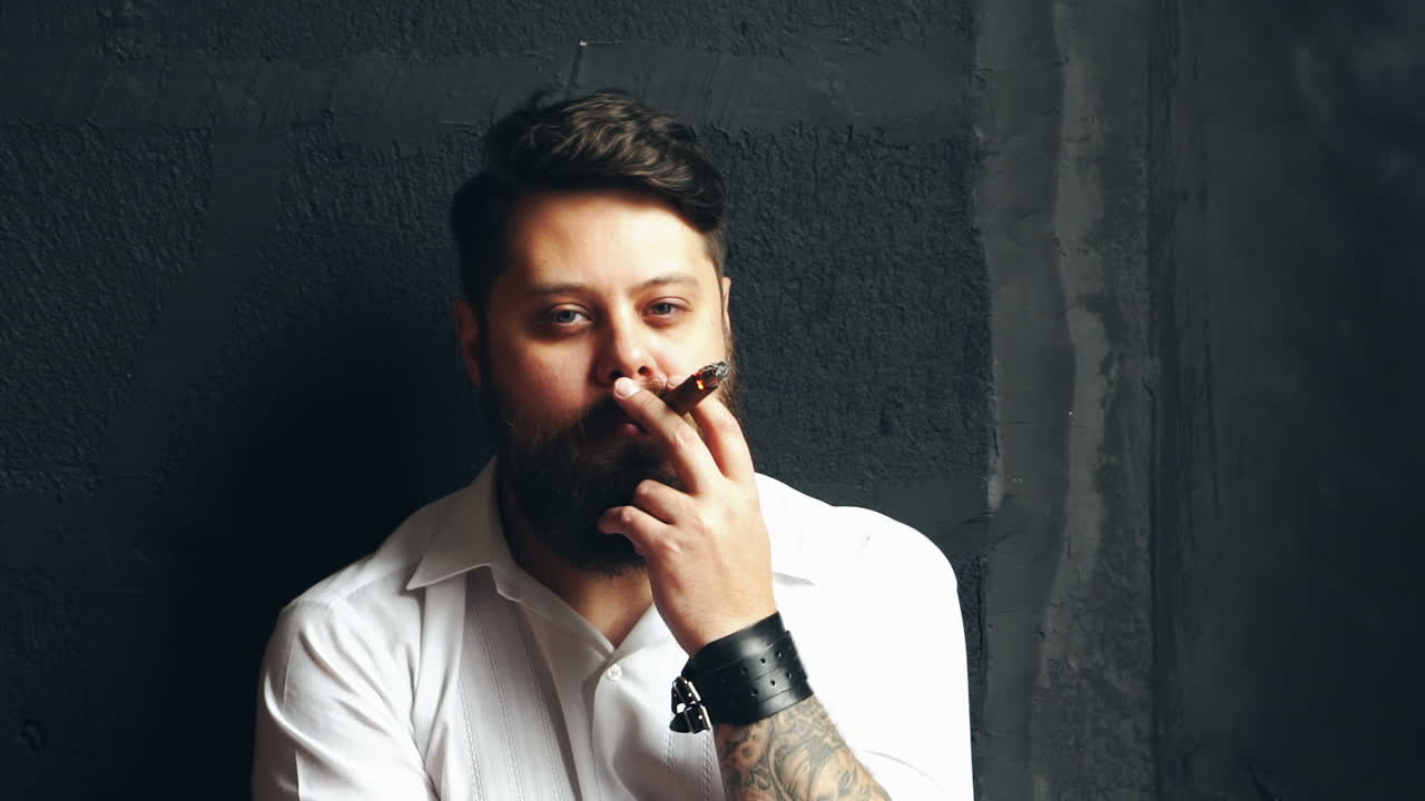 Man smoking cigar. Elegantly dressed man smoking cigar in studio