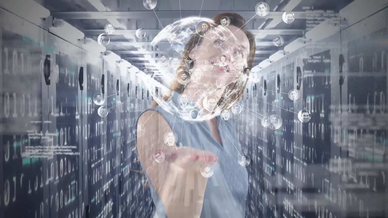 Animation of a Caucasian woman presenting a 3D globe model with network connections of people behind