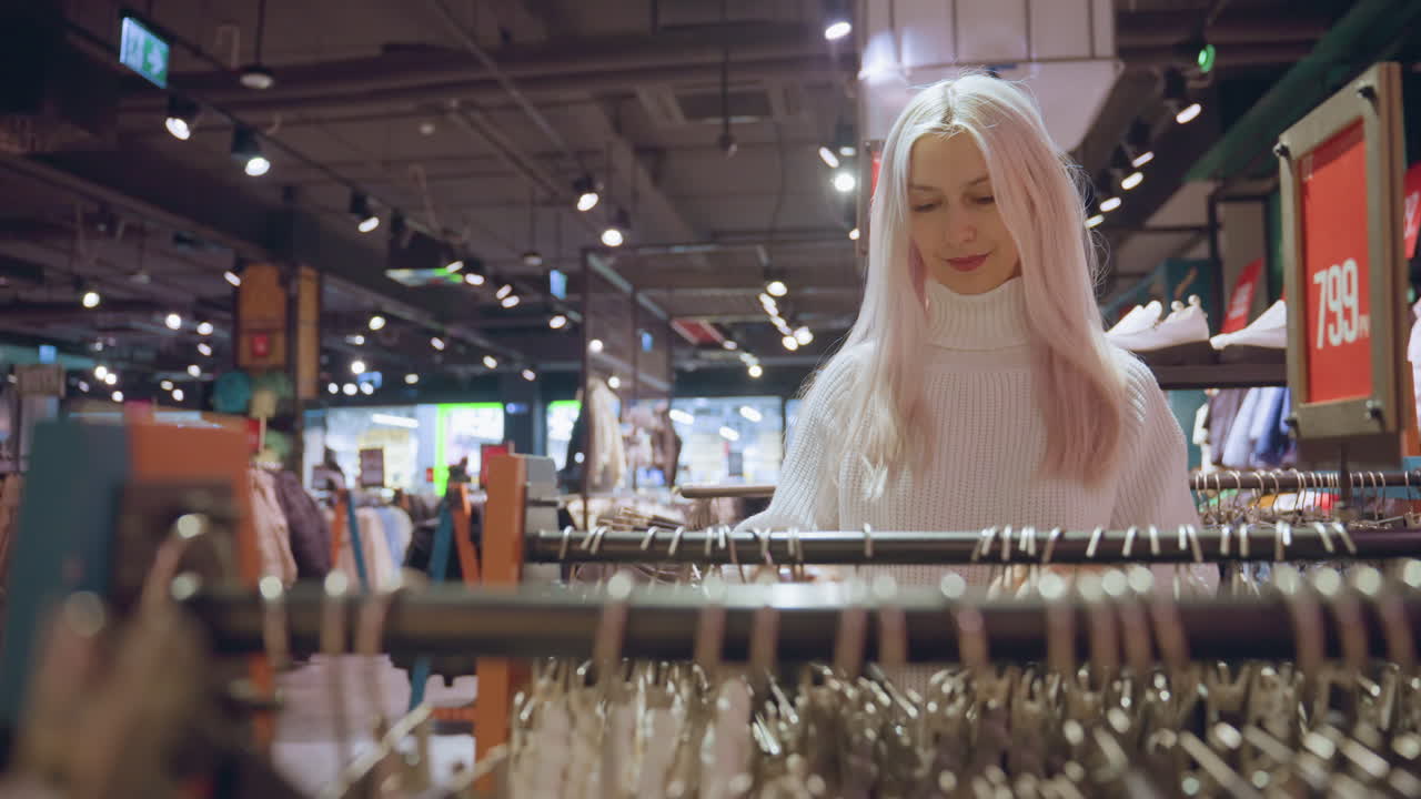 Contemplative customer walks toward clothing rack browsing through hangers in spacious apparel store filled with racks of pants jackets shoes under ambient lighting evoking shopping mood