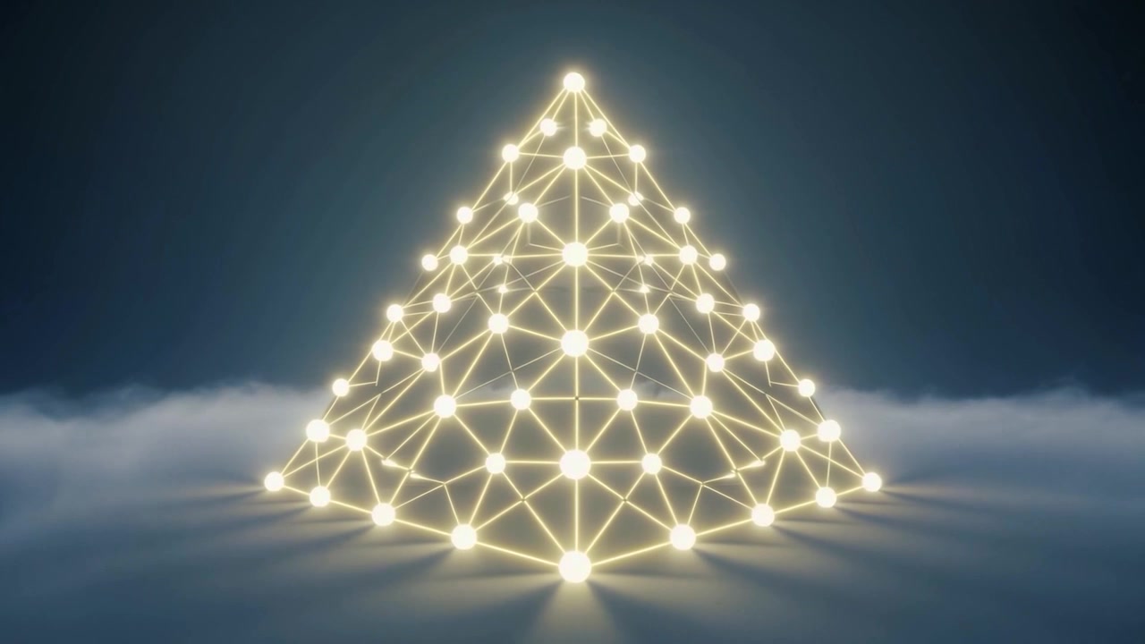 Struttura piramidale geometrica luminosa che fluttua sopra le nuvole