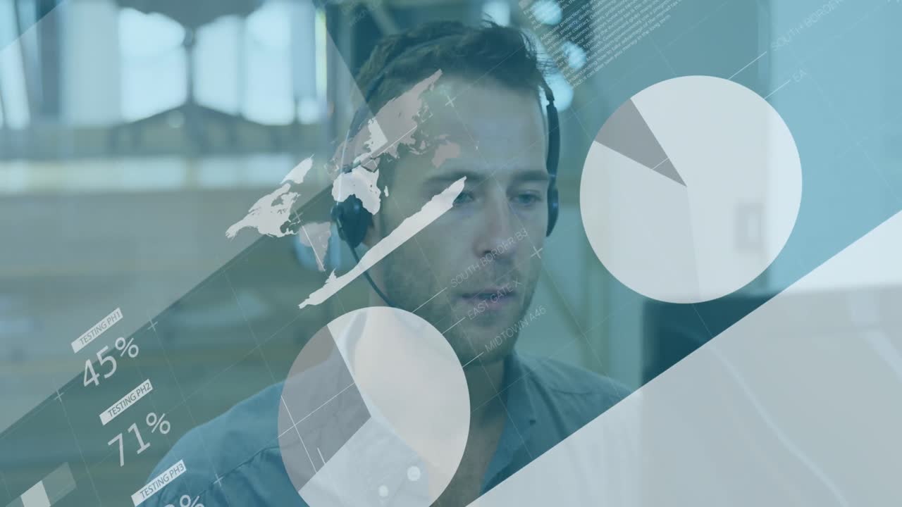 анимация обработки статистических данных против белого человека, разговаривающего по телефону в офисе