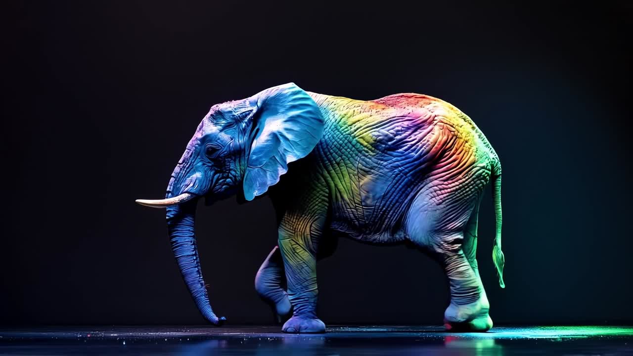 un elefante colorido de pie en una superficie negra