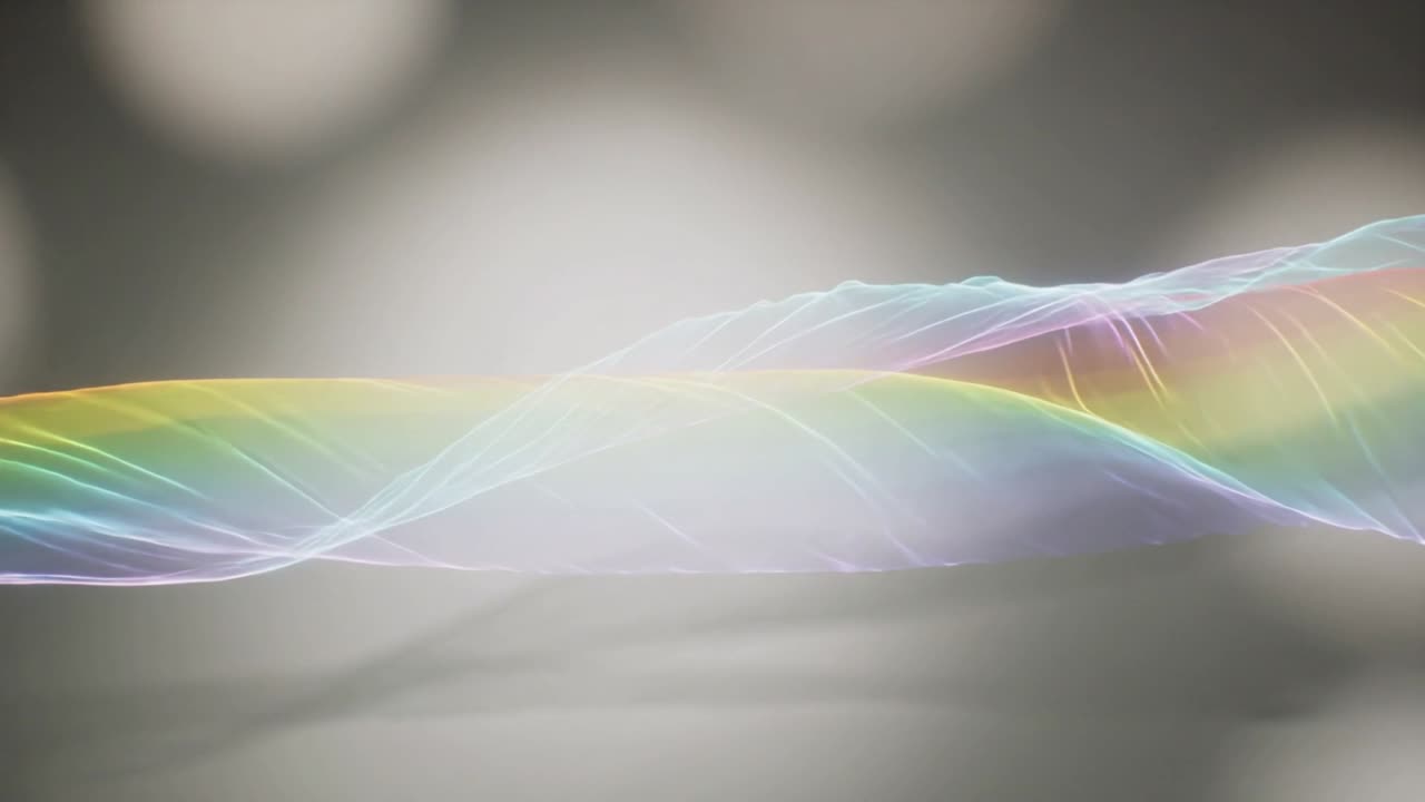 Frames starting, braided ribbon drifting across studio, creating rainbow-iridescent braided effect