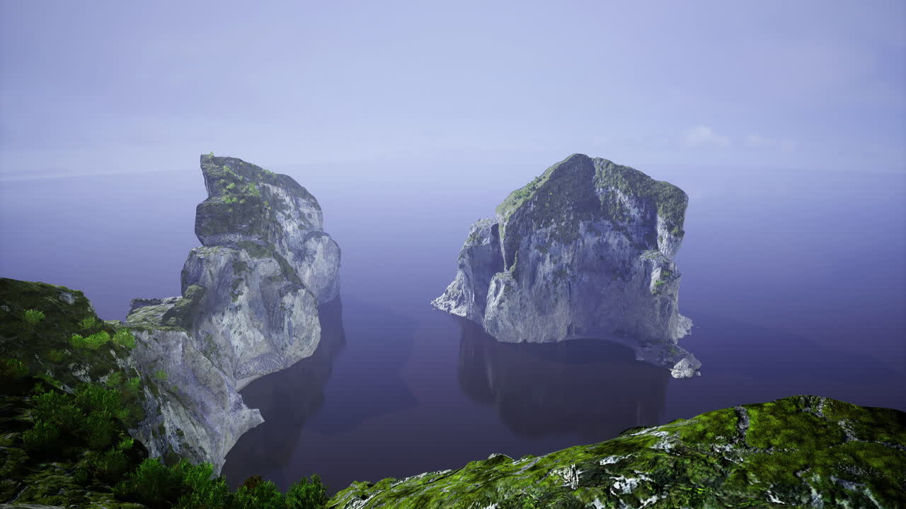 Majestic rock formations rise from tranquil waters under a cloudy sky