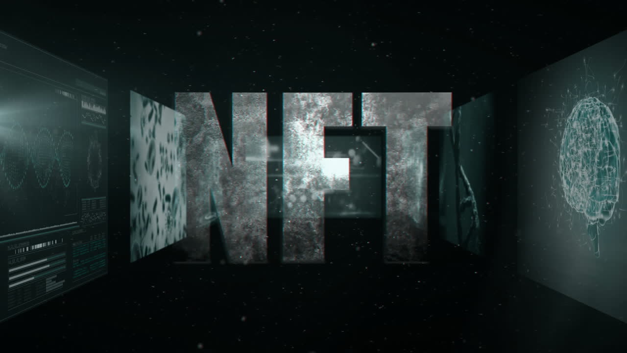 In dark space, animation of NFT text with digital data and abstract patterns