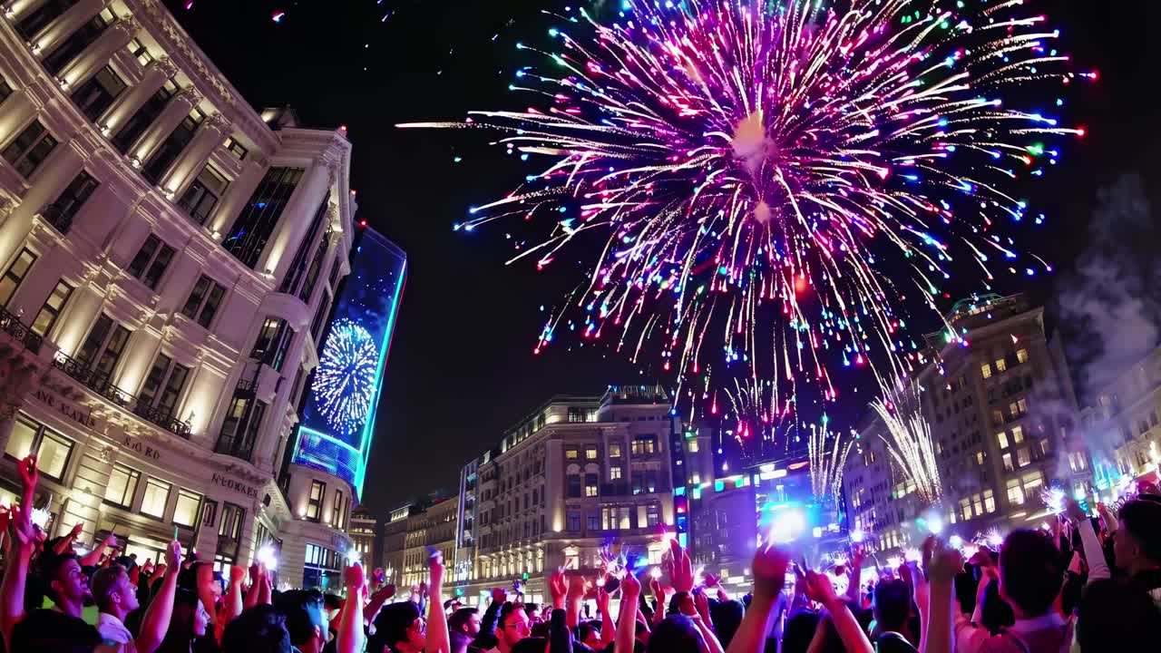 Vibrant cityscape video capturing fireworks at night