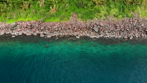 drone-aerial-rocky-seashore-and-blue-water-with-bright-green-grass