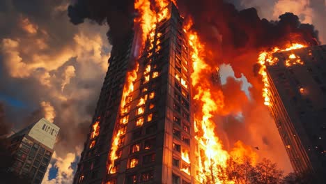 a tall building is engulfed by flames in the middle of a city