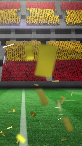 animation of gold confetti falling over flag of spain in sports stadium