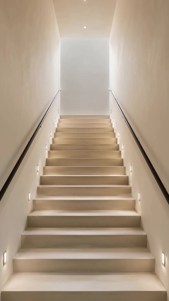 Symmetrical interior staircase shot from base looking upward, wide shallow beige steps rise toward narrow landing beside blank pale gray wall, warm accent lighting defines clean modern lines