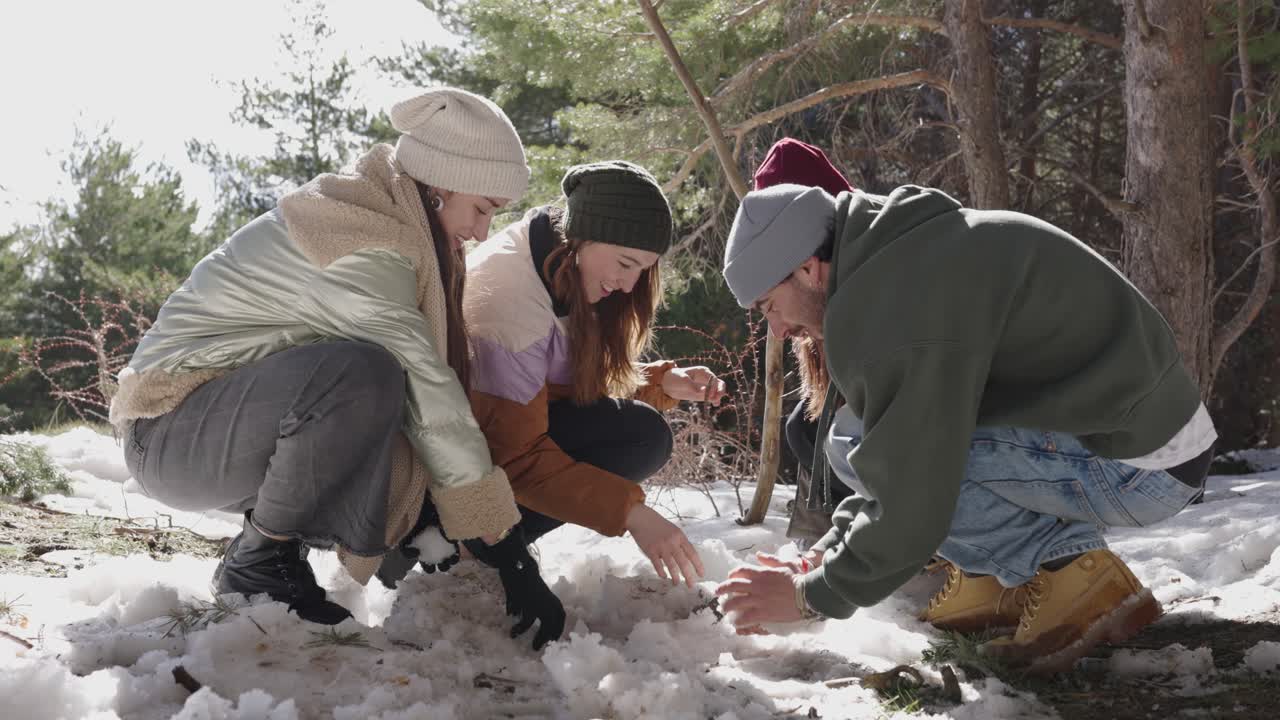 Group of friends playing in the snow