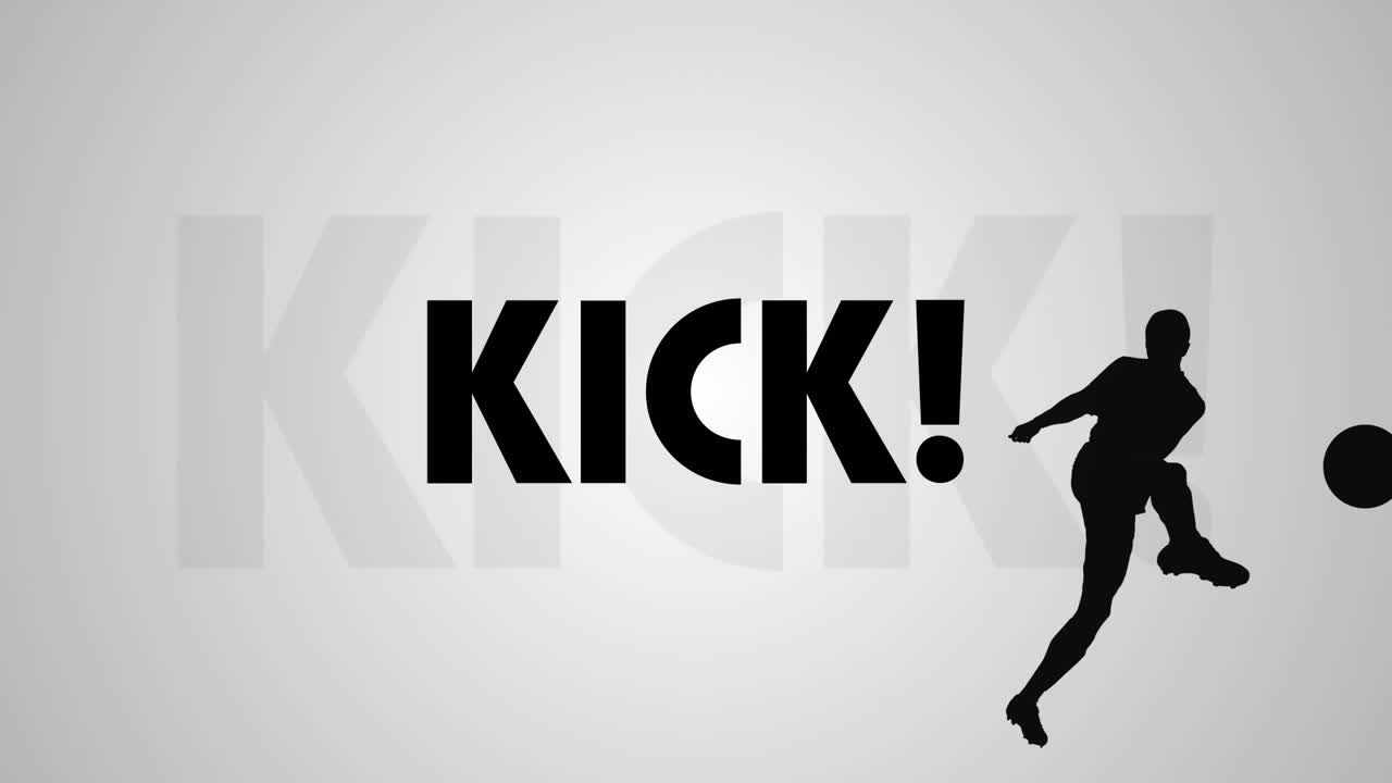 Animation of kick text with silhouette of football player over white background