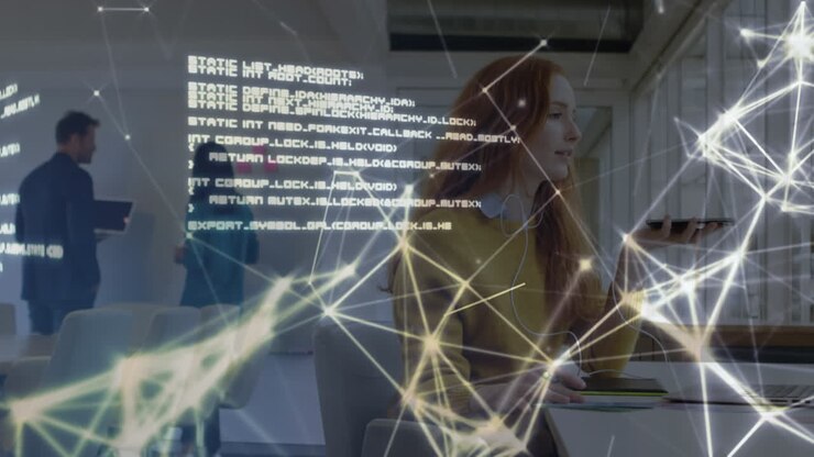 Web of connections and data processing against woman using earphones to talk on smartphone