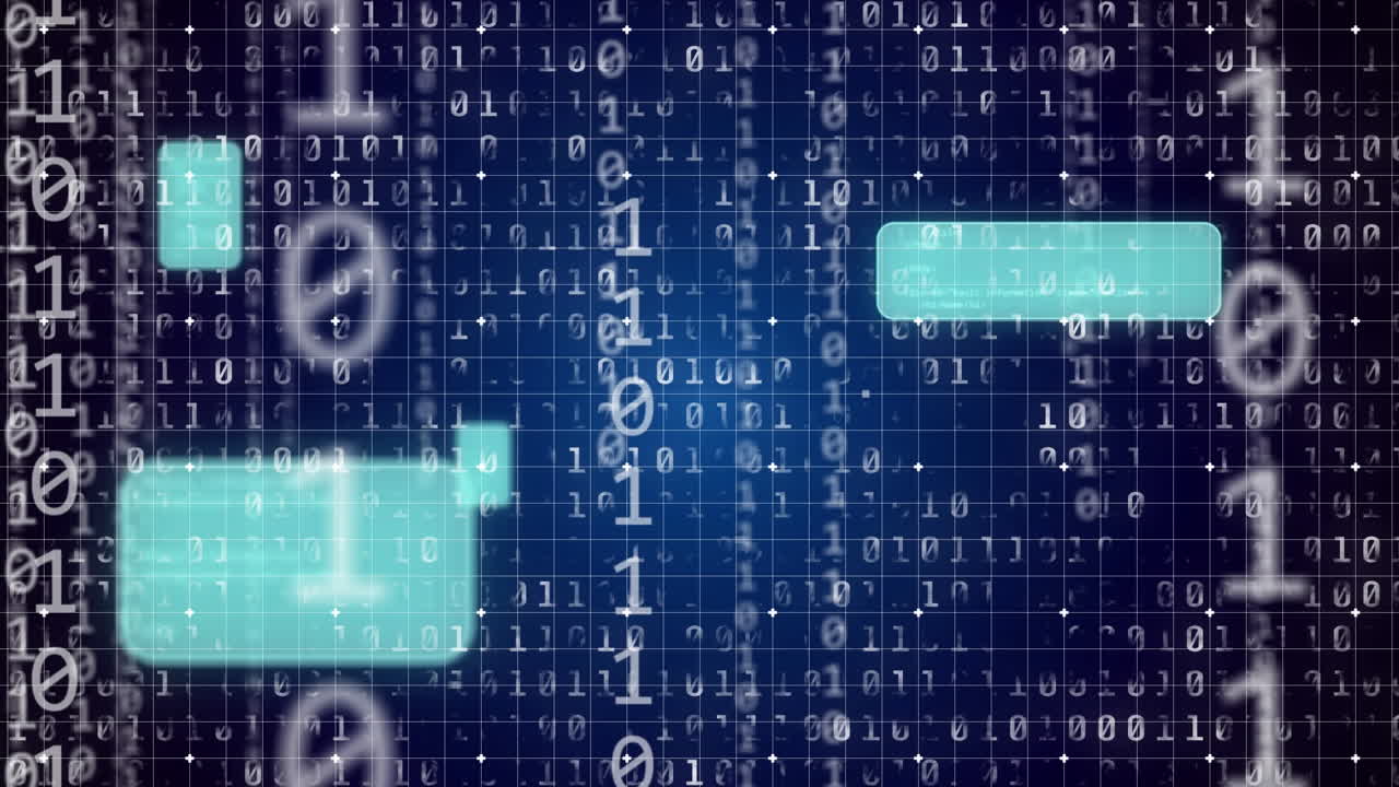 animación de iconos digitales, codificación binaria y procesamiento de datos
