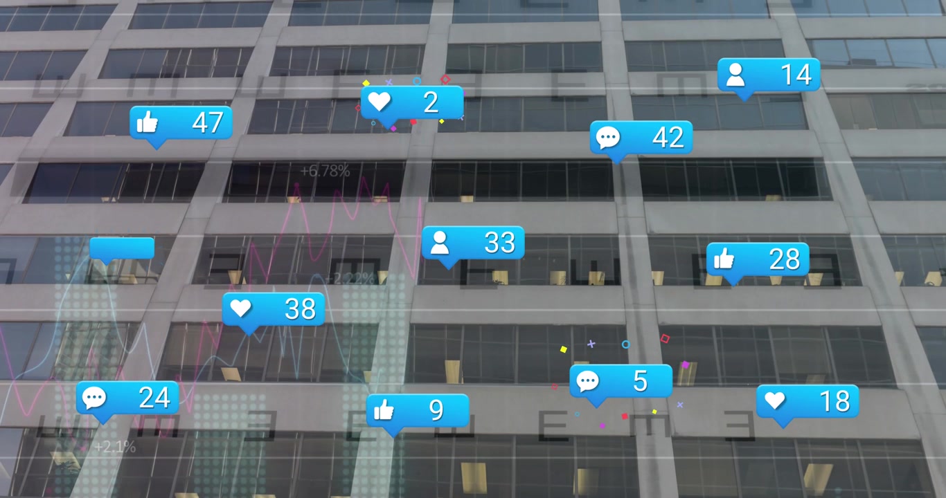 Animação de notificações de redes sociais sobre vista em ângulo baixo de edifício moderno