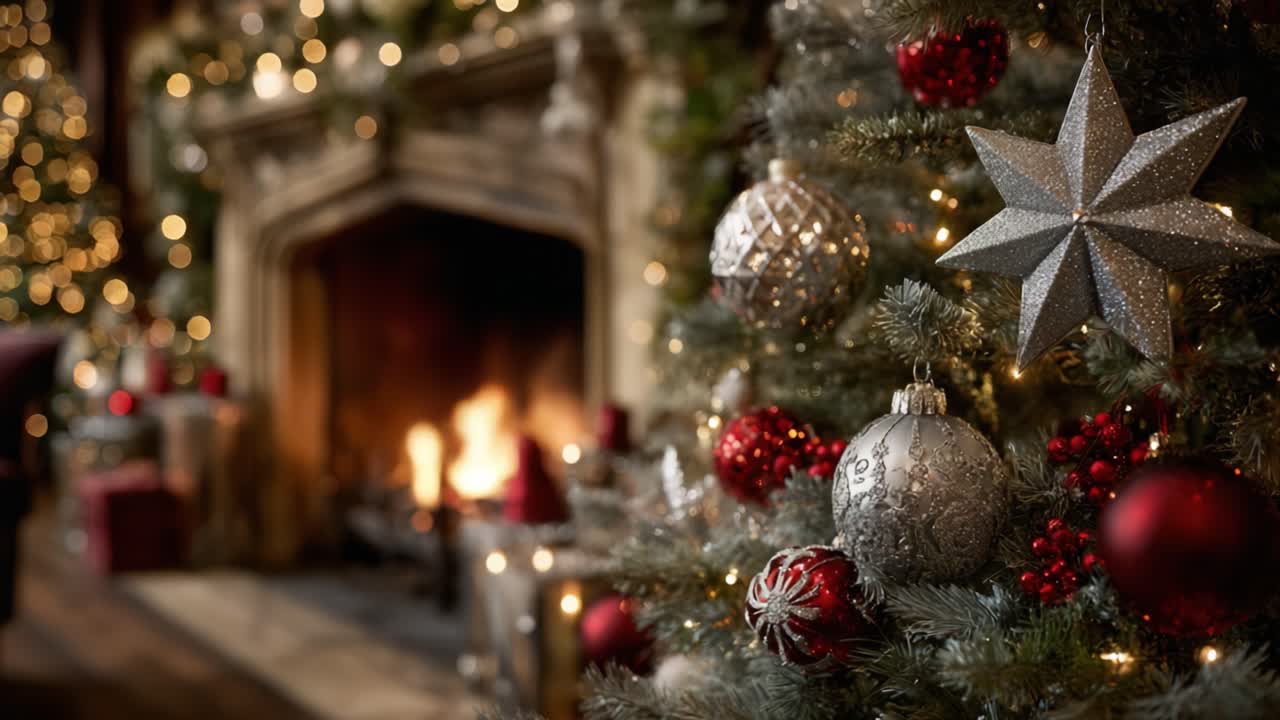 Catturare la gioia del Natale: un albero splendidamente decorato con ornamenti scintillanti che risplendono in un ambiente accogliente accanto a un caldo fuoco scoppiettante