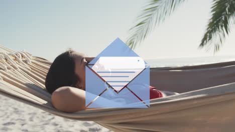 Animación-De-Iconos-Digitales-De-Sobres-De-Correo-Electrónico-Sobre-Una-Mujer-Tumbada-En-Una-Hamaca-En-La-Playa