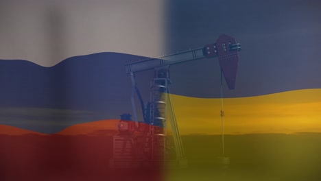 Animation-of-flags-of-ukraine-and-russia-over-working-oil-pump