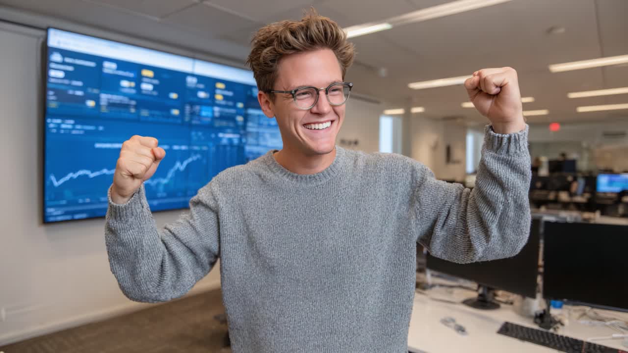 A Young Man Celebrates Success in a Modern Office Environment, Expressing Joy and Achievement After a Positive Experience in Front of Stock Market Charts on Digital Screens