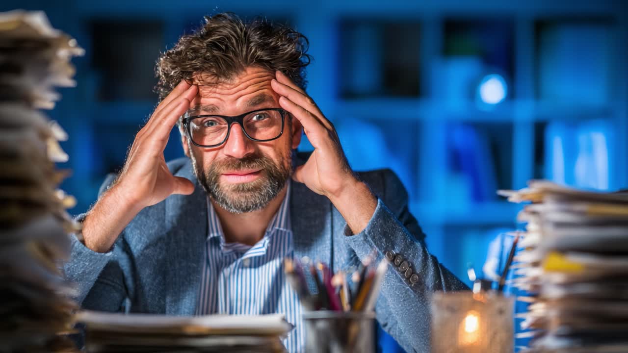 A Stressed Professional Sits Amidst a Mountain of Paperwork, Struggling to Focus in a Dimly Lit Office Environment with Blue Hues and Overwhelming Clutter