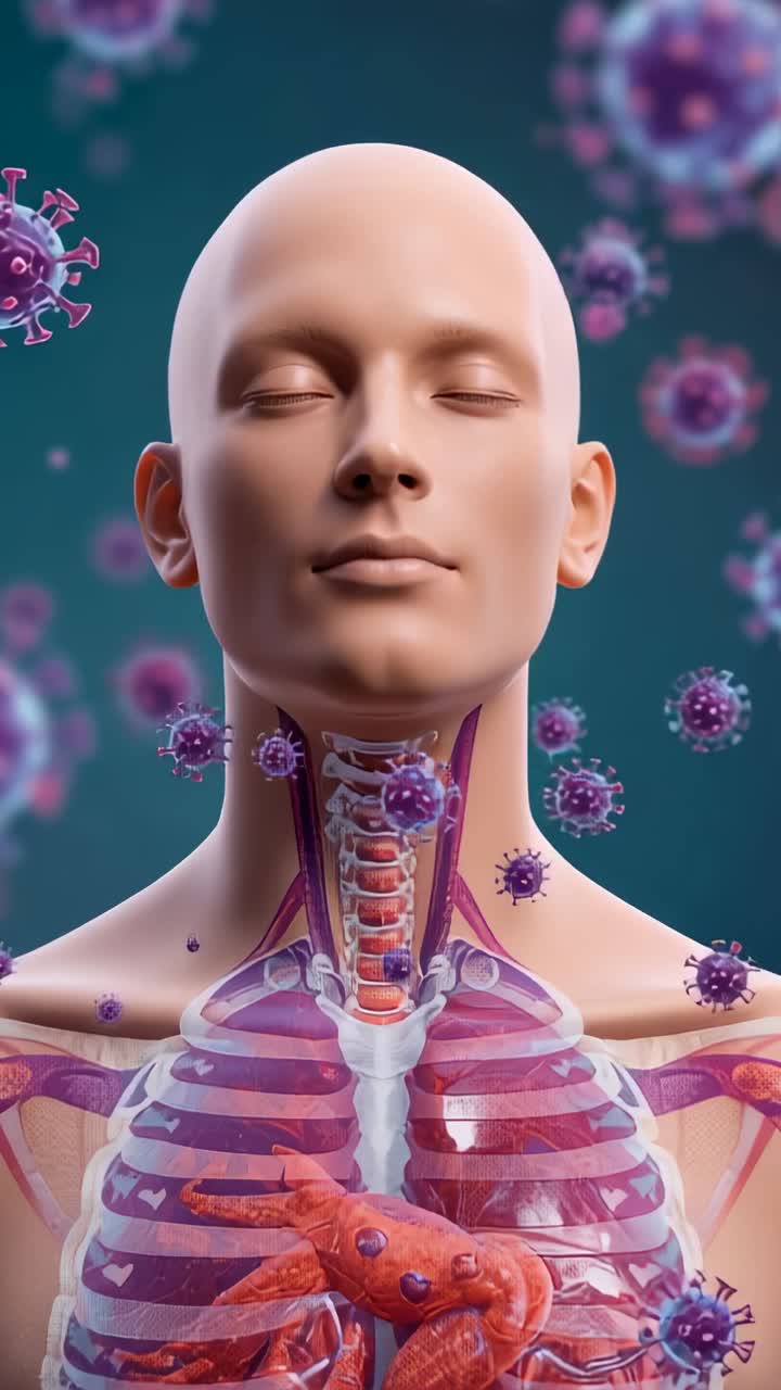 Vertical video: Drifting viruses settling in bust chest in teal field illustrating infection