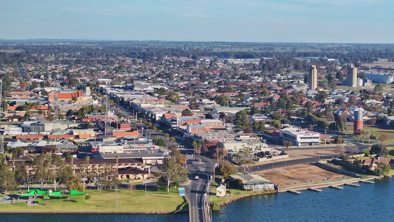 Aerial revealing the town of Yarrawonga and the road bridge over Lake Mulwala